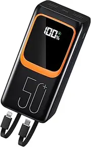 50000mAh Power Bank with Built-in Cable: 22.5W Fast Charging External Battery with Large Capacity, Portable Charger with LED Flashlight and 7 Outputs & 3 Inputs.