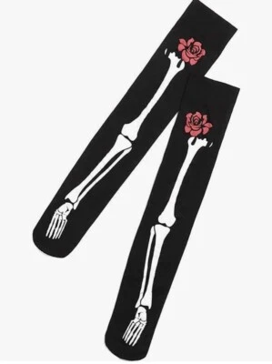 Halloween Skeleton with Bones and Roses Pencil Knee-High Socks Black