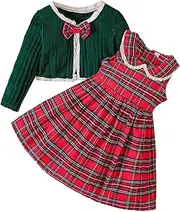 [Generic] Little Girl Clothes 4t-5t Christmas Toddler Girl Long Sleeved Knit Coat Plaid Print Dress Set for 1 to 6 Years Sweat Pants Outfits Girls (Red, 5-6 Years)