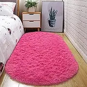 junovo Oval Fluffy Ultra Soft Area Rugs for Bedroom Plush Shaggy Carpet for Kids Room Bedside Nursery Mats, 2.6 x 5.3ft, Hot-Pink