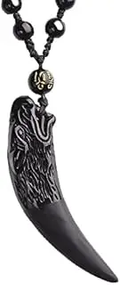 [Generic] Natural black golden obsidian crystal wolf tooth necklace pendant bead with chain for women men