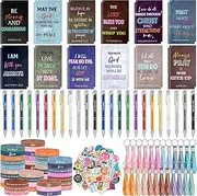 Yeaqee 146 Pcs Christian Gifts Set Bulk Include 24 Bible Verses Pens 24 Bible Notebooks 24 Scripture Quotes Bracelets 24 Inspirational Keychains 50 Jesus Christian Stickers(Classic)