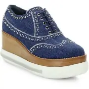 Miu Miu RARE DENIM PLATFORM Studded Wingtip Oxfords SNEAKERS EU 41 I LOVE SHOES
