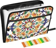 Quteprint 13 Pockets Expanding File Folder with Zipper Closure, Indian Geometric Mandala Accordion File Folder with Sticky Labels, Letter Size A4 Papers Expandable File Document Organizer
