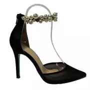 Betsey Johnson SB Ellah Black Mesh Satin Rhinestone Pearl Ankle Strap Pumps 7