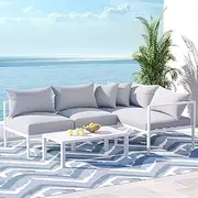 Gardeon Outdoor Sofa Aluminum 4 Seater Lounge Setting Table and Chairs, Patio Furniture Modular Set Garden Deck Pool Backyard, Weather-Resistant Cushions White
