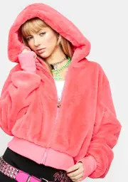 [Club Exx] Coral Nightcall Faux Fur Bomber Jacket
