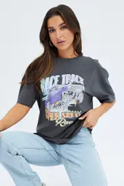 Grey Graphic Tee Short Sleeve Round Neck Print Jersey - Size XS, Women's Graphic Tee