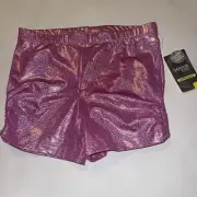DANSKIN NOW Gymnastics Dance Shorts Pink Foil W/Silver Sparkle Side Shirring