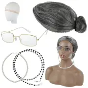 Grandma Cosplay Set Funny Old Lady Dress Up Set with Wig Caps Pearl njPjG