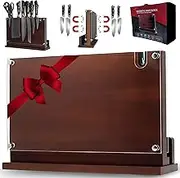 Extra Large Wooden Magnetic Knife Block 14x10 Inch with Knife Sharpener Double Sided Magnetic Knife Holder Rack for Kitchen Counter with Cutting Board Slot & Acrylic, Sturdy & Durable, 15 Knives Space