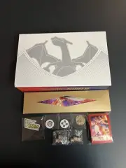 Empty Pokémon Charizard UPC Box and Accessories. Play mat, Coins, Dice & Sleeves