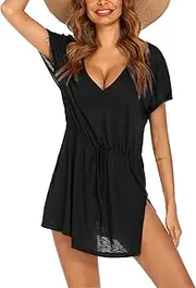 [AI'MAGE] Women's Swimsuit Cover Up Split Hem Beach Bathing Suit Coverups Dress V-Neck Swimwear with Drawstring