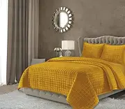 Tribeca Living Luxury Velvet Quilt Set King Bedding Set, 260 GSM Soft Velvet Oversized Comforter Set, Florence Box Stitch Premium Bedspread Coverlet for All Season, with 2 Pillow Shams, Gold