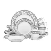 20 Piece Platinum Greek Key Bone China Dinner Serving Dish Set for 4 - White