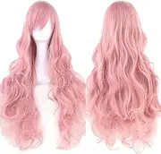 Long Curly Natural Hair Cosplay Wig with Bangs Colorful Halloween Costume Party Wigs for Women (Pink, 80CM)