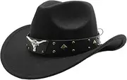 [Boarle] Western Style Vintage Leather Studded Cowboy Hat with Bull Head Decoration Handmade Woven Cowboy Hat for Men and Women Elegant Wool Felt Multifuntional Cowboy Hat Black
