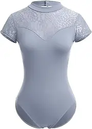 [ODIZLI] Ballet Clothing Women's Short Sleeve V-Neck Lace Backless Ballet Jersey with Bra Pad