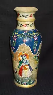 Marble Flower Vase Pot Hand Painted Krishna Peacock Design Christmas Eve Gift