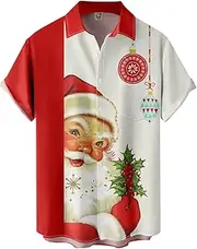 [Generic] Cotton T Shirts Men Soft Mens Christmas Santa Gift 3D Digital Printing Button Lapel Short Sleeve Shirt T Shirt Shirt Christmas Long Sleeve Tight Cotton Shirt