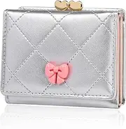 [Denovin] Wallet Women, Small Coquette Bow Trifold Wallets Woman, Heart Shaped Kiss-lock Business Credit Card Coin Holder Purse Pocket for Cash Key Change, Sliver, Sweet