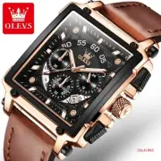 Olevs Square Quartz Men’s Watch, Chronograph, Luminous, Leather Strap with Date