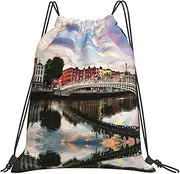 EdWal Dublin Ireland Ha Penny Bridge River Print Drawstring Backpack Gym Bags Sports Draw String Bags For Gym Travel Swimming Beach, White, One Size