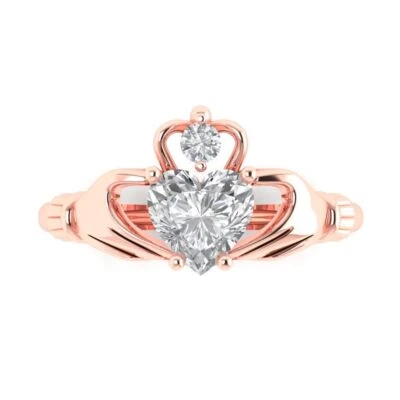 14K Rose Gold Claddagh Promise Ring, 1.06 ct Heart Cut Simulated Diamond