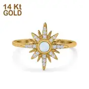 14K Gold Cluster Starburst Lab Created White Opal Wedding Round Ring CZ 13mm