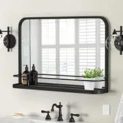 Black Metal Framed Bathroom Mirror with Shelf 31.5x21.7 Inch Farmhouse Wall M...
