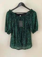 BNWT Gorgeous Ladies Warehouse Green Sequinned Bardot Top, UK Size 10, Tagged