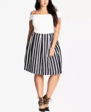 City Chic Plus Size Striped Pleated Skirt - 18W/Medium, Black-White #5748