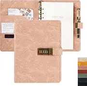 Vintage 6 Rings Binder Journal Notebook with Lock, A5 Hardcover Flower Secret Password Diary, Refillable Ruled Writing Paper for Women (Pink)