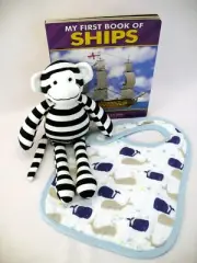 Baby Bundle Navy Blue Gift (SOFT TOY Monkey + BIB Whales + BOOK First Ships)