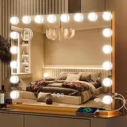ROLOVE Gold Vanity Mirror with Lights, 32" x 24" Large Lighted Vanity Mirror with Dimmable 3 Modes, LED Makeup Mirror, 10X Magnification, USB Charging Port, Tabletop or Wall-Mounted