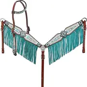 Showman Headstall & Breast Collar Set w/Light Teal Aztec Print, Suede Fringe & Bejeweled Hardware