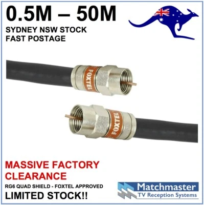 Black RG6 Quad Shield Coax Cable 0.5m - 50m Digital TV Antenna Foxtel NBN Optus