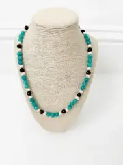 NWT Genuine Agate, Black Onyx & White Pearls Necklace Beaded Blue