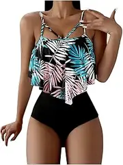 [Generic] Womens Suit Set Shorts Swimsuit Women's High Print Leaf Waisted Swimwears Tankinis Set Leopard Swimsuit Bottoms for Women