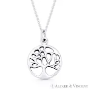 Tree-of-Life Charm Circle Pendant & Chain Necklace in Solid .925 Sterling Silver