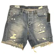 NWT Man x One Teaspoon Men's Cropped Shorts Blue Buoy Mr Black Distressed 36R