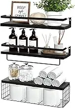 Floating Shelves with Storage Basket, Over Toilet Paper Holder Storage Shelves, Wall Mounted Rustic Wood Shelves for Bathroom, Bedroom, Living Room, Kitchen(Black, Set of 3)