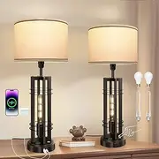 Tisuokae Bedside Lamps Set of 2, 3 Way Dimmable Bedside Table Lamp with LED Nightlight, Touch Table lamp with USB Charging Ports, Nightstand Lamps for Bedroom, Living Room (4 LED Bulbs Included)