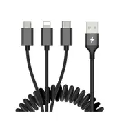 3 in 1 USB Cable Retractable Spring Cable for iPhone Samsung Xiaomi 3.3A Fast Charging Type-C Data Cable Wire Cord black