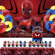 Cartoon Superhero Theme Party Decorating Set - Birthday Backdrop Banner Latex Balloons Birthday Cake Cupcake Toppers Tablecloth