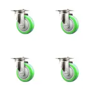 4 Inch 316SS Green Polyurethane Wheel Swivel Top Plate Caster Set Service Caster
