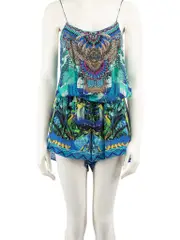 Blue Silk Embellished Printed Playsuit