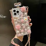 LightNice for iPhone XR Glitter Case Girls Women Ladies Case Bling 3D Perfume Bottle Sparkle Crystal Pink Diamond Rhinestone Pearl Rose Protective Case with Crossbody Chain