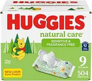 HUGGIES Natural Care Unscented Baby Wipes, Sensitive, Water-Based, 9 Total Flip Top Packs, 504 Count