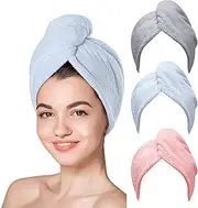 Microfiber Hair Towel, Turban 3 Pcs Hair Turbans for Wet Hair,Hair Drying Towel with Button,Head Towel to Dry Hair Quickly Drying Hair Wrap Towels for Girls with All Hairstyles (Blue,Grey,Pink)